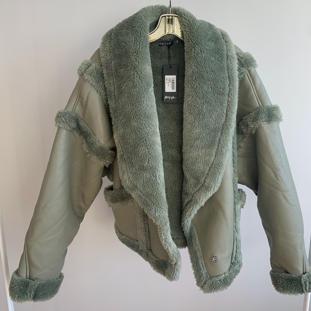 NASTY GAL Faux Fur Lined Faux Leather Aviator Jacket - Sage Green - Picture 6 of 9